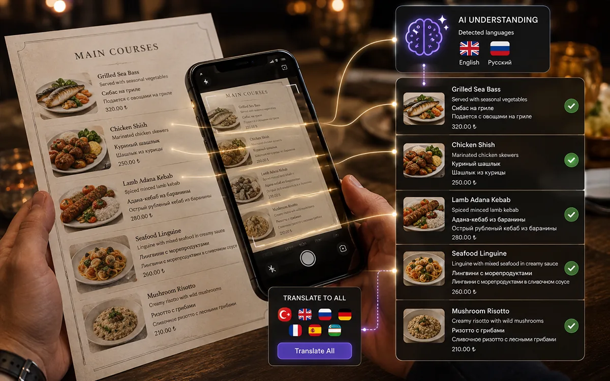 Understands menus printed in 2-3 languages