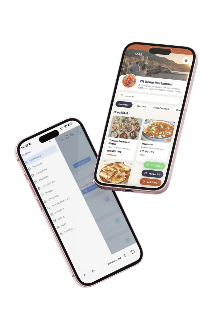Fotoğraflı ürün listesi için YR Menu QR menü ekranı